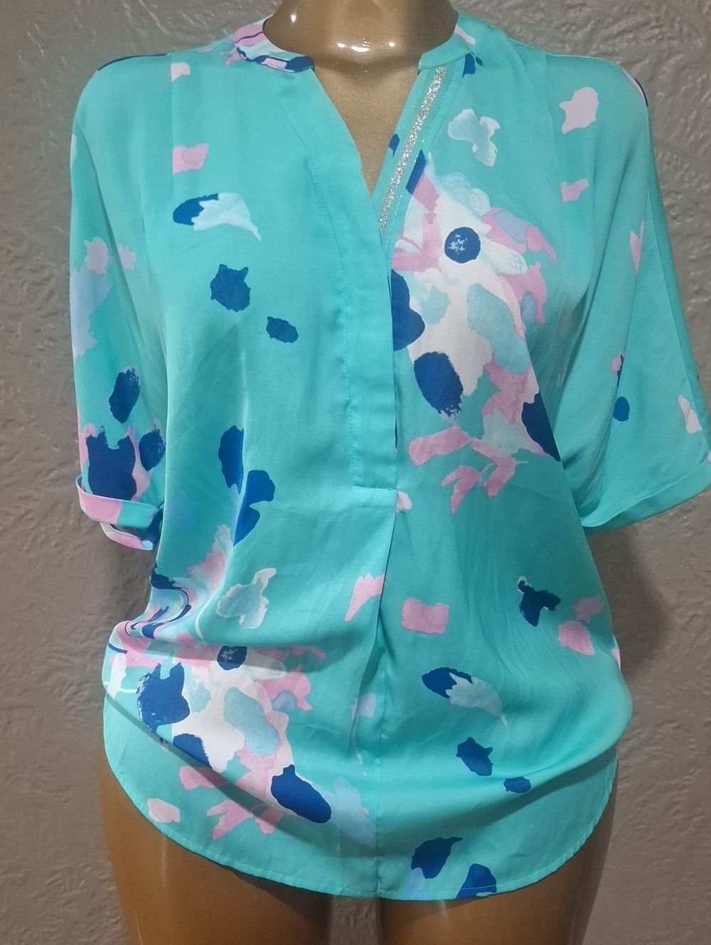 Joules Aqua Floral Print V-Neck Blouse Size 4